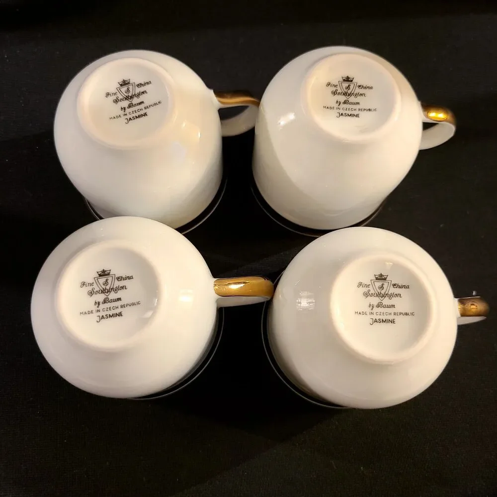 Vintage Baum Demi Set 4pc Teacups Saucers Paola Black Dining Southington Jasmine